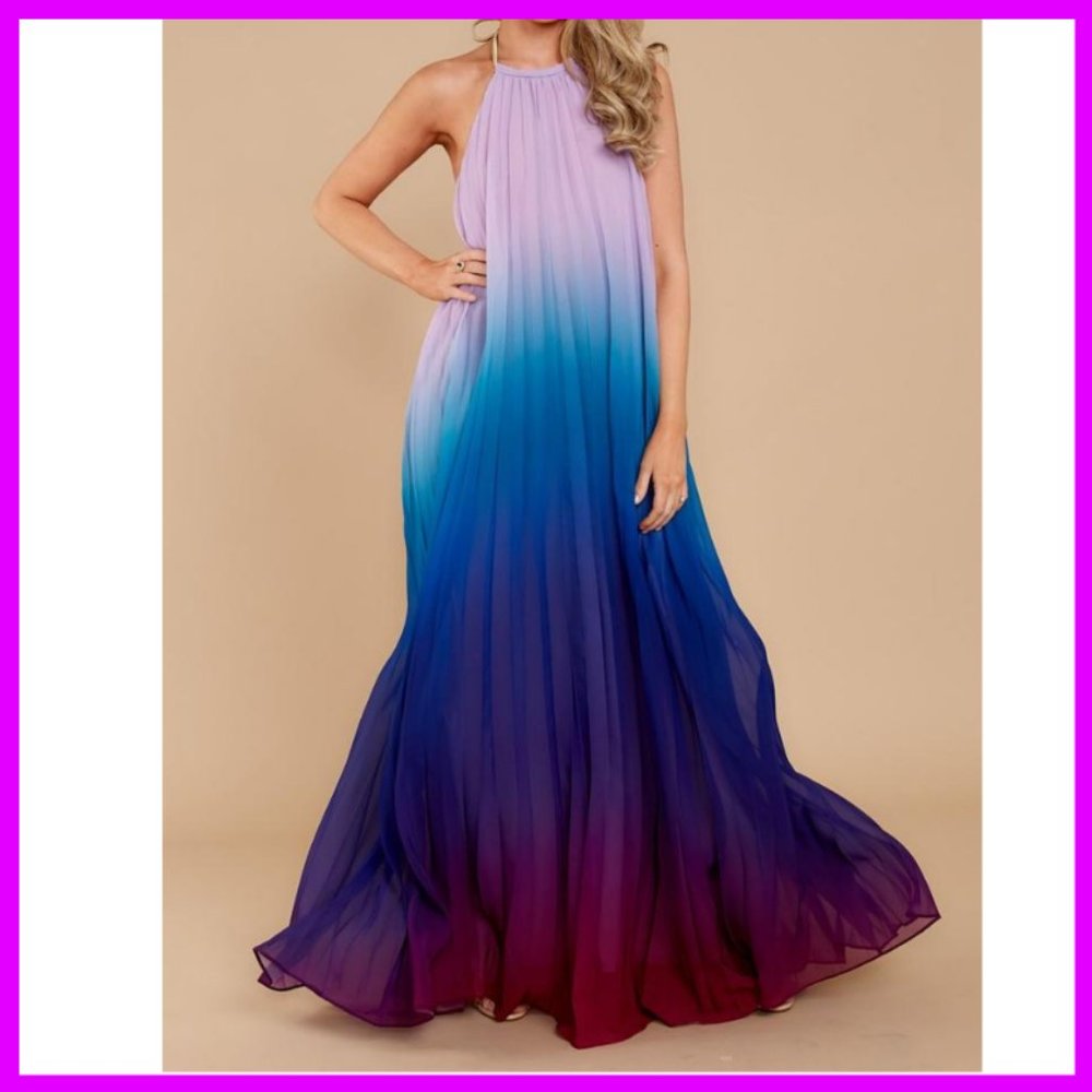 NWT Ombre Halter Pleated Maxi Dress SML - Picture 1 of 6